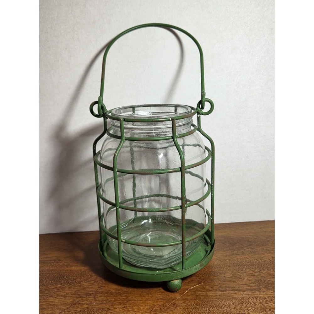8" Vintage Wired Cage W/ Permanent Glass Insert Candle Holder Lantern Catch All